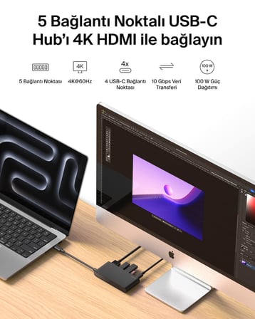 Belkin USB-C Hub, 5 Portlu Hub, 4K HDMI Görüntüleme, 60Hz, 100W Güç Dağıtımı