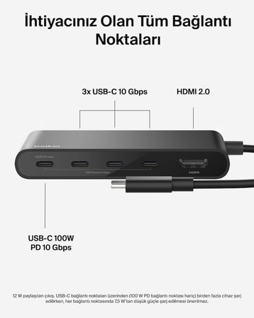 Belkin USB-C Hub, 5 Portlu Hub, 4K HDMI Görüntüleme, 60Hz, 100W Güç Dağıtımı
