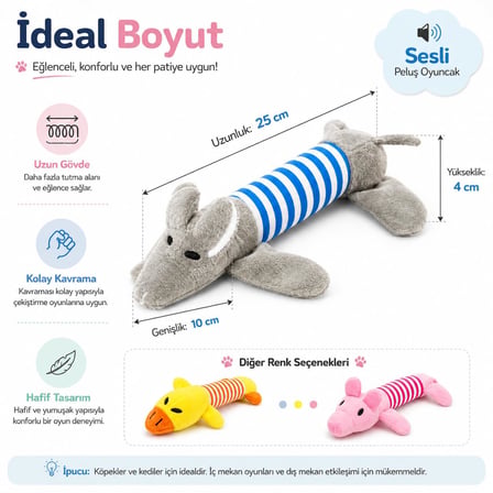 SOGUD Peluş Fare Kedi Köpek Oyuncağı - 25 x 10 x 4 cm - Gri Mavi