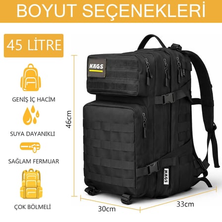 HAEGS Askeri Taktik Sırt Çantası, Ordu Derecesinde Sağlam, Ağır Hizmet Taktik Çanta - Siyah