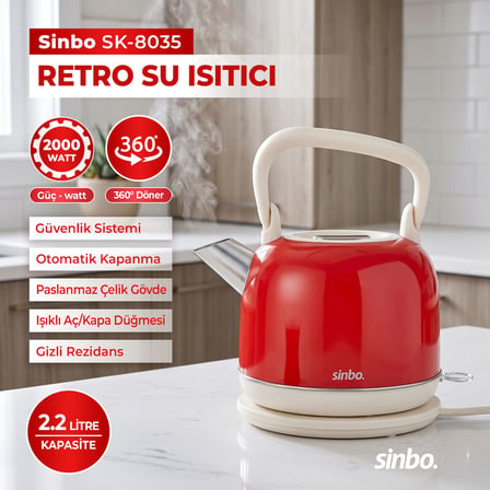 Sinbo SK-8035 Retro Kettle 2,2 L 1800 W, Paslanmaz Çelik Elektrikli Su Isıtıcı