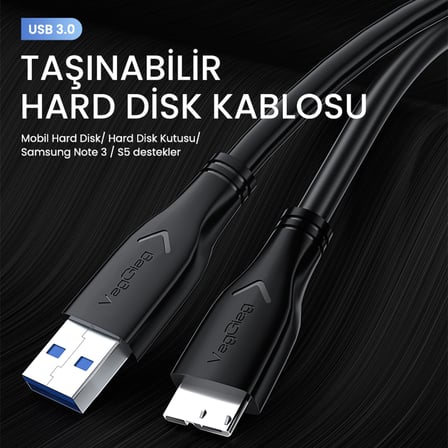 VegGieg USB 3.0 Micro B Şarj ve Data HDD Kablosu 1 Metre
