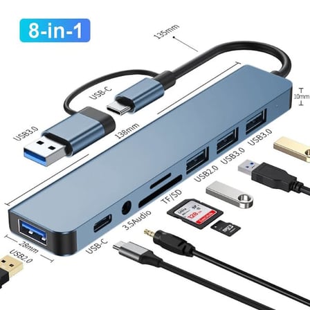 Coverzone Çoklayıcı Adaptör 8 in 1 USB/Type-c To USB A