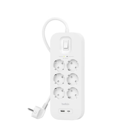 Belkin 6'lı çoklu priz, yüksek gerilim korumalı, duvara montaj, 6 priz, 2 m güç kablosu