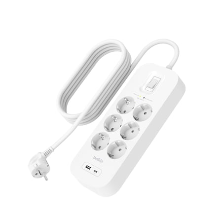 Belkin 6'lı çoklu priz, yüksek gerilim korumalı, duvara montaj, 6 priz, 2 m güç kablosu