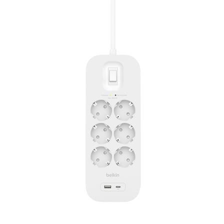 Belkin 6'lı çoklu priz, yüksek gerilim korumalı, duvara montaj, 6 priz, 2 m güç kablosu