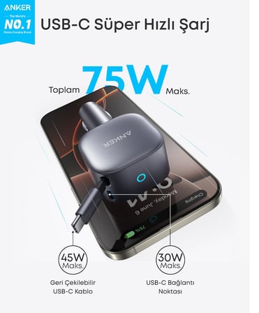 Anker Nano USB-C Araç Şarj Cihazı, 75W, Ultra Kompakt Type-C Hızlı Şarj Cihazı - A2738