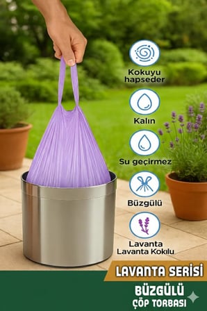 Coverest Orta Boy, Lavanta Kokulu Büzgülü Çöp Torbası, 55x60 cm, 40 Litre, Çöp Poşeti, Su Geçirmez