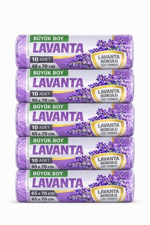 Coverest Büyük Boy Lavanta Kokulu Büzgülü Çöp Torbası, 65x70 cm, 60 Litre, Su Geçirmez Çöp Poşeti