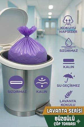 Coverest Büyük Boy Lavanta Kokulu Büzgülü Çöp Torbası, 65x70 cm, 60 Litre, Su Geçirmez Çöp Poşeti