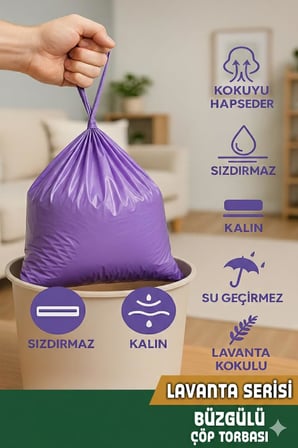 Coverest Büyük Boy Lavanta Kokulu Büzgülü Çöp Torbası, 65x70 cm, 60 Litre, Su Geçirmez Çöp Poşeti