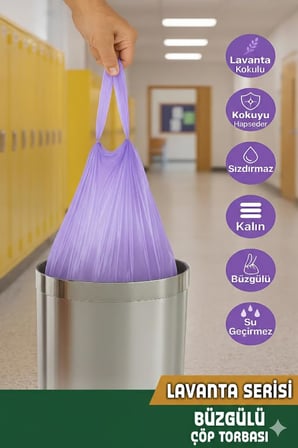 Coverest Büyük Boy Lavanta Kokulu Büzgülü Çöp Torbası, 65x70 cm, 60 Litre, Su Geçirmez Çöp Poşeti