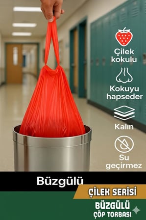 Coverest Büyük Boy Çilek Kokulu Büzgülü Çöp Torbası, 65x70 cm, 60 Litre, Çöp Poşeti, Su Geçirmez