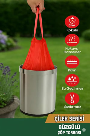 Coverest Büyük Boy Çilek Kokulu Büzgülü Çöp Torbası, 65x70 cm, 60 Litre, Çöp Poşeti, Su Geçirmez