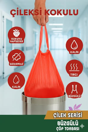 Coverest Büyük Boy Çilek Kokulu Büzgülü Çöp Torbası, 65x70 cm, 60 Litre, Çöp Poşeti, Su Geçirmez