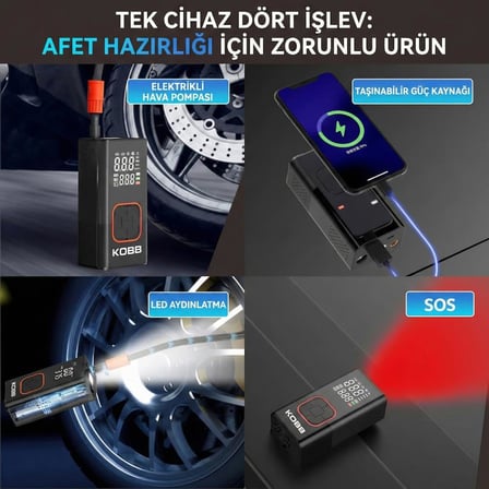 KOBB KB412 Şarjlı Dijital Lastik Şişirme Pompası, 150 PSI, Powerbank, LED Lamba, Li-ion, 1800mAh