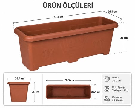 Plastik Uzun Saksı, Kahverengi, Bahçe Ofis Kullanımı için (77.5 X 25 X 26.5 Cm - 30 L)
