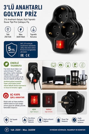 TİMSAL 3lü Anahtarlı Golyat, Üçlü Topraklı Priz Duvar Tipi Çoklayıcı Fiş, 16A 250 Volt