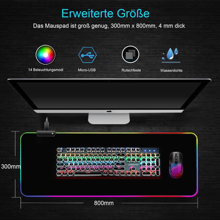 Owege Oyun fare altlığı XXL 800 x 300 mm RGB fare altlığı, büyük, 14 aydınlatma modu, 7 LED renk