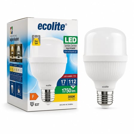 Ecolite 17W LED Jumbo Ampul 3000K Sarı Işık 1750 Lümen 112W Eşdeğer E27 Duylu 70x109 mm Yüksek