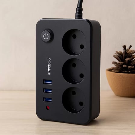 Lexroo Termal akım korumalı uzatma kablo 3 prizli 3 USB anahtarlı siyah 2MT