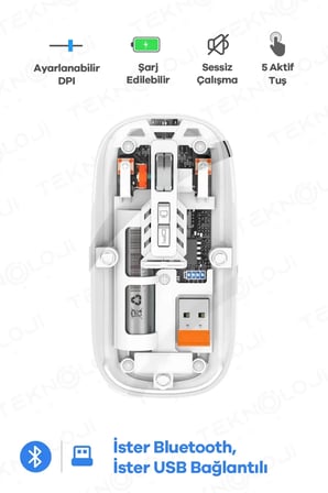 Lexroo Bluetooth Usb Çift Modlu Sessiz Mouse, Şeffaf Mıknatıslı Kapaklı, Type-c Şarjlı, Dpı Ayarlı