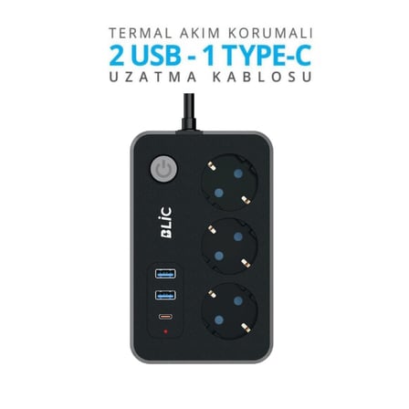 Akım Korumalı Priz, 3x Priz Soketi, 2x Usb Girişi, 1x Type-C Girişi, Tasarruflu Uzatma Kablosu