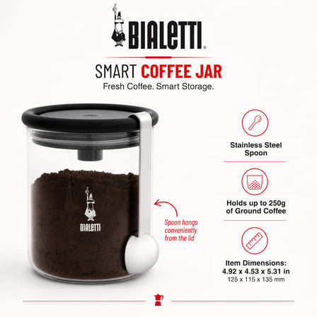 Bialetti - Kahve Saklama Kavanozu - 250gr - Paslanmaz Ölçü Kaşığı - Cam Kavanoz