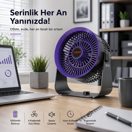 Masaüstü Vantilatör, Şarjlı Masaüstü Fan, 1200 Mah Batarya, Uzun Kullanım Süresi