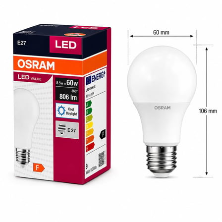 OSRAM LED Value 8.5W E27 LED Ampul 6500K Beyaz Işık 806 lm 60W Eşdeğeri Enerji Tasarruflu 360°