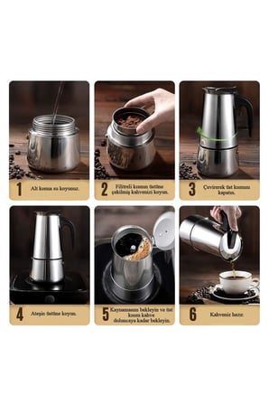 Çelik Ocak Üstü 4 Cup Fincan 200 ml Moka Pot Espresso cin285-4