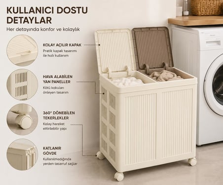 100 L İki Bölmeli Kirli Çamaşır Sepeti, Tekerlekli, Katlanabilir, Kapaklı, Hava Alabilen