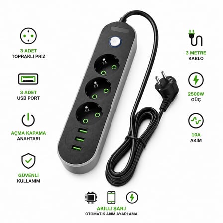 Coverzone 3 USB Portlu 3’lü Topraklı Uzatma Priz 3 Metre Kablolu Açma Kapama Anahtarlı 2500W 10A