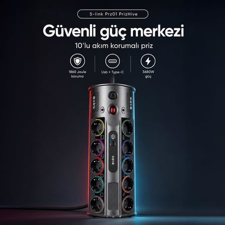 S-link PRZ01 PrizHive 3 Metre 1860 Joule 1.5mm 1 Usb 1 TypeC 2.1A/5V 16A 250V 3680W 10lu Akım