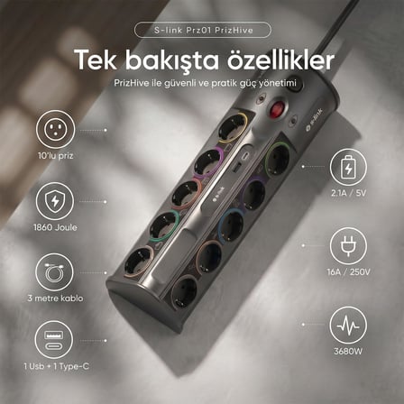 S-link PRZ01 PrizHive 3 Metre 1860 Joule 1.5mm 1 Usb 1 TypeC 2.1A/5V 16A 250V 3680W 10lu Akım