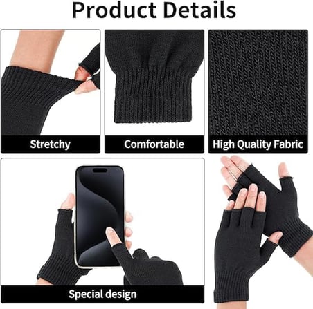 AEE® 2 Çift Yarım Parmak Eldiven – Örme Siyah Unisex Eldiven