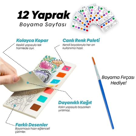 Animokids Renk Paletli Sulu Boya Kitabı + Fırça, 12 Sayfa Boyama Kitabı, Aktivite Boyama Seti