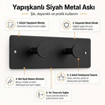 Orret Home Tekli Yapışkanlı Metal Siyah Askı, Delmeden Duvara Monte Havlu Askısı, Çanta Askısı