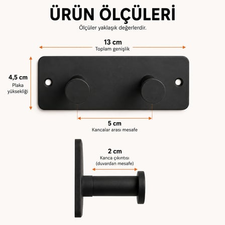 Orret Home Tekli Yapışkanlı Metal Siyah Askı, Delmeden Duvara Monte Havlu Askısı, Çanta Askısı