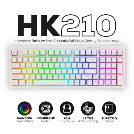 Hawk Gaming HK210 Membrane Rainbow Type C Kablolu Full Türkçe Gaming Klavye (Beyaz)