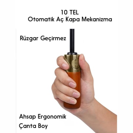 Jouis Şemsiye Otomatik Katlanır Ahşap Saplı 10 Çift Telli Aç-Kapa Otomatik-Şemsiye Çantalı
