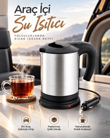 Lexroo Araç İçi Kullanıma Uygun 12V Elektrikli Su Isıtıcı Paslanmaz Çelik Gövdeli Pratik Kettle