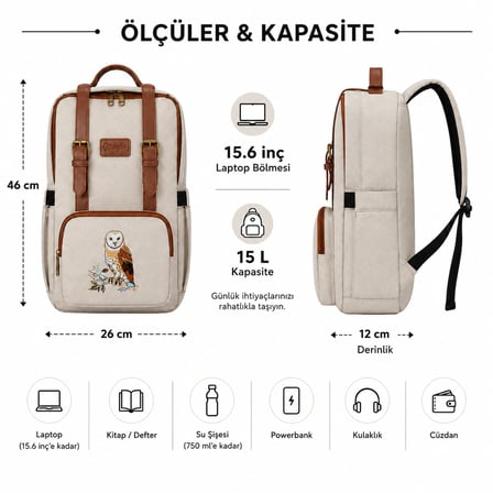 Mileyha Peçeli Baykuş Nakışlı Sırt Çantası, 15.6" Laptop Bölmeli, Bej
