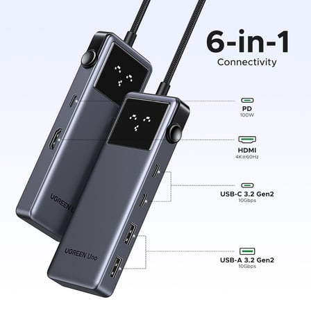 UGREEN Uno USB C Hub 5 Gbps, 4K@60Hz HDMI, LED Ekran, 2USB A ve 2USB C, PD 100W, iPhone 15