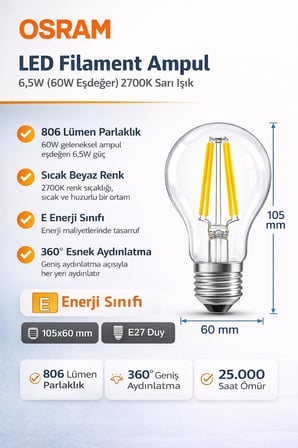 OSRAM LED Filament - 3’lü Paket - E Enerji Sınıfı - 360° Işık - 105x60 mm - Dimmer Uyumlu Değil