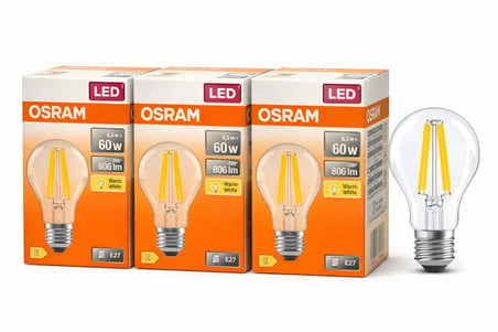 OSRAM LED Filament - 3’lü Paket - E Enerji Sınıfı - 360° Işık - 105x60 mm - Dimmer Uyumlu Değil