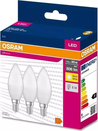 Osram Led Value CLB60 7,5W/827 3'lü E14 Duy Sarı Işık 2700K Led Mum Ampul