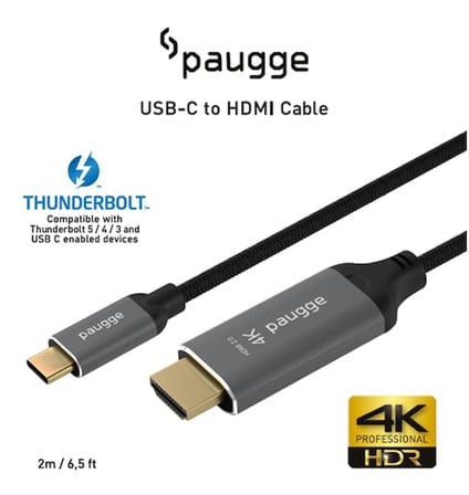 Paugge USB C to HDMI Kablo - 4K60Hz, HDR, HDCP 2.3, Thunderbolt 5/4/3, DEX Mode, 2 Metre