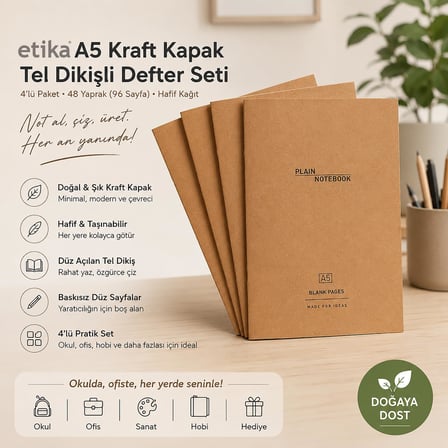 Etika A5 Kraft Kapak Tel Dikişli Defter 4'lü Paket