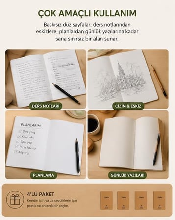Etika A5 Kraft Kapak Tel Dikişli Defter 4'lü Paket